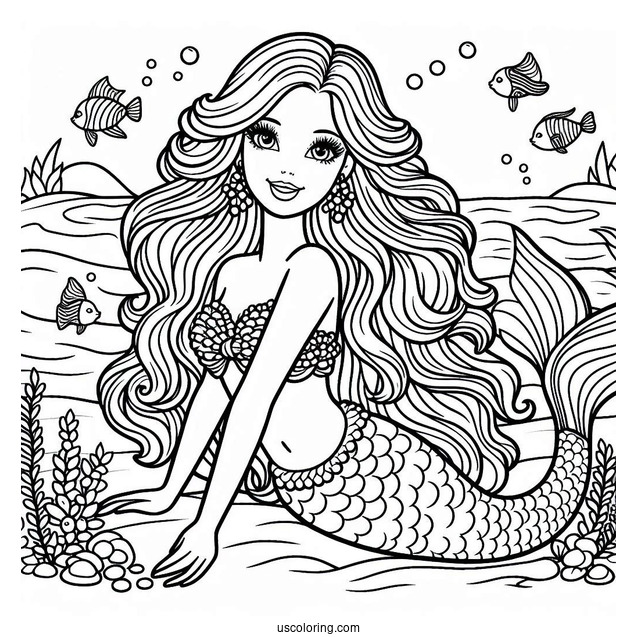 Mermaid Barbie In Ocean Coloring Sheet