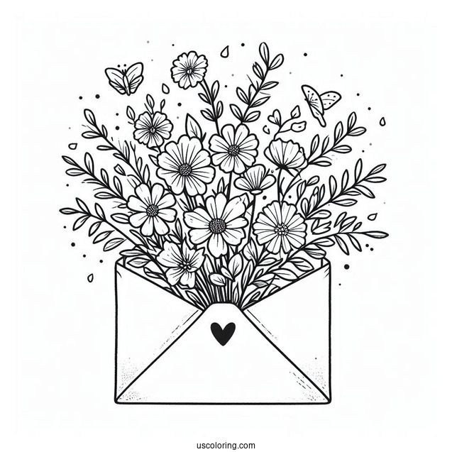 Wildflowers Bursting From An Envelope In Spring Coloring Sheet For Kids