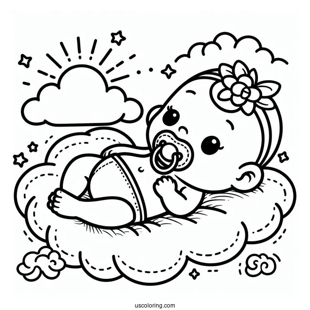 Baby Coloring Page With Pacifier Lying On Cloud