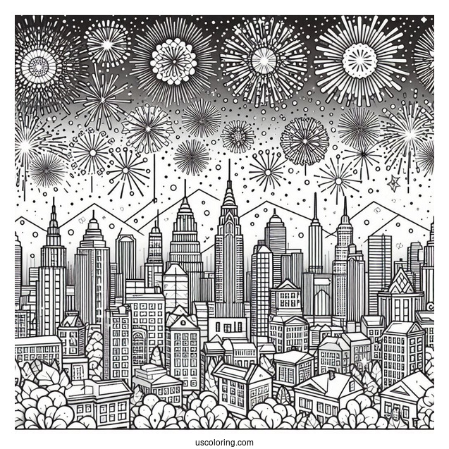 New Year Coloring Page Of Sky Covered With Fireworks In The City