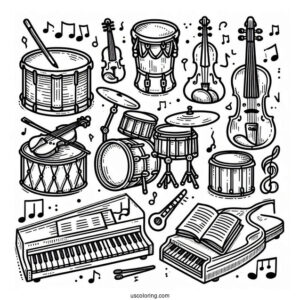 Music Coloring Page Of Drum, Guitar, Violin, Tambourine, And Piano