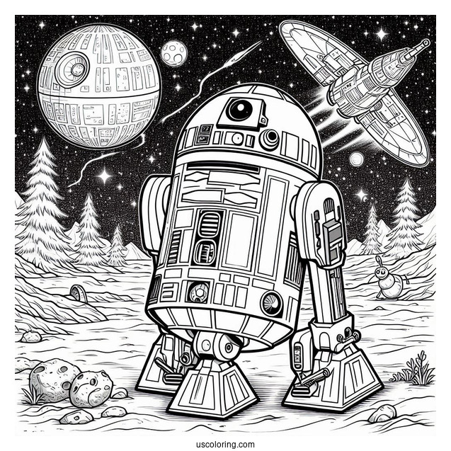 R2-D2 Coloring Page With Wall E On The Moon For Kids