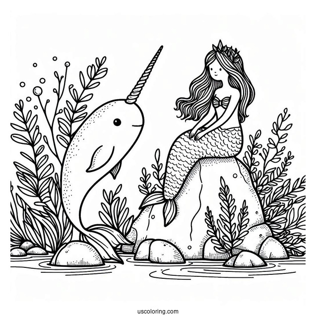 Narwhal Coloring Page And Mermaid Perched On A Rock For Kids