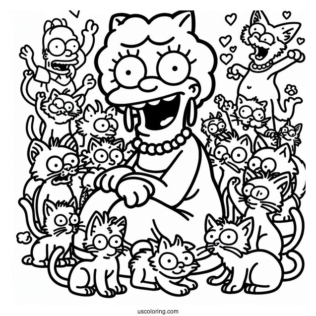 Simpsons Coloring Pages Of Crazy Cat Lady With Her Kittens