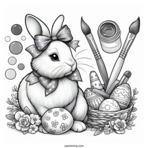 Realistic Easter Bunny Coloring Page With Bow, Paintbrush, And Eggs