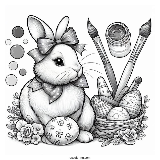 Realistic Easter Bunny Coloring Page With Bow, Paintbrush, And Eggs