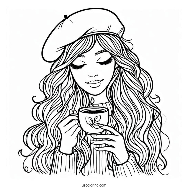 Woman Wearing Beret Drinking Coffee Coloring Page For Kids