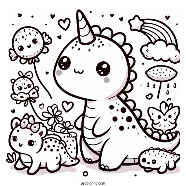 Kawaii Dinosaur With Little Animals On Its Back Coloring Page