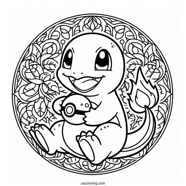 Charmander Holding Pokeball Mandala Coloring Sheet
