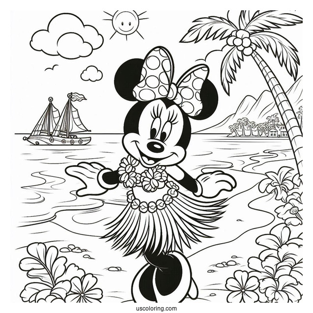 Beach Coloring Page Of Minnie Mouse Dancing The Hula
