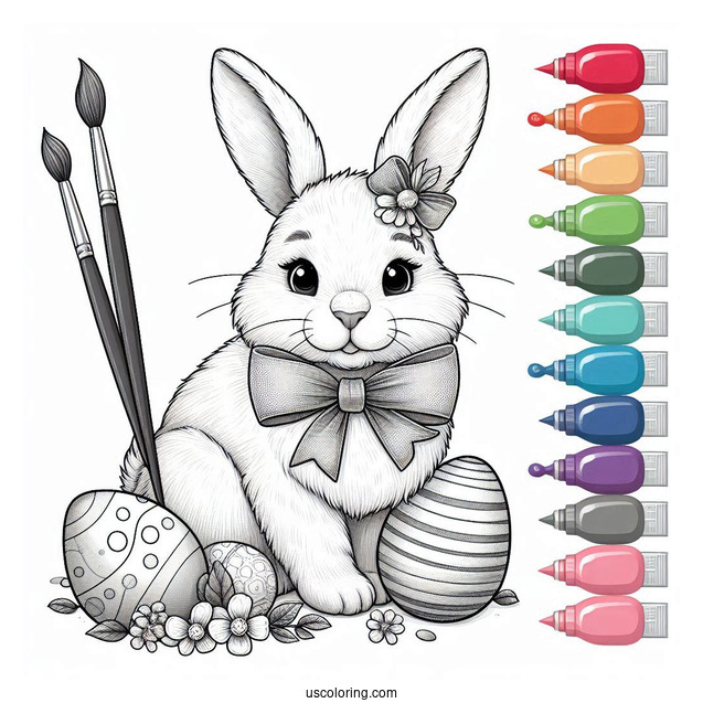 Realistic Easter Bunny Coloring Page With Bow, Paintbrush, And Eggs
