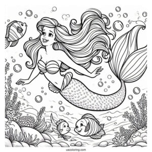 Mermaid Ariel Diving Into Sea With Flounders