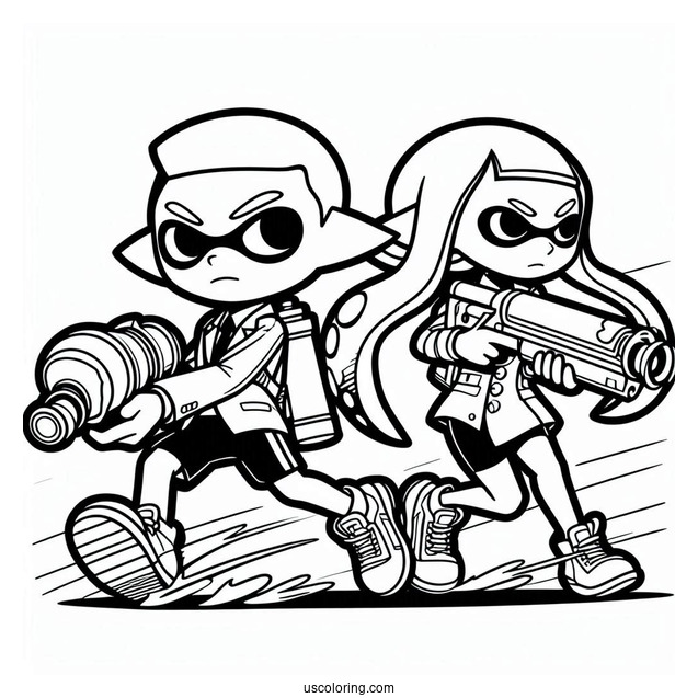 Splatoon Coloring Page Of Agent 3 Fighting Hiro Octoling For Kids