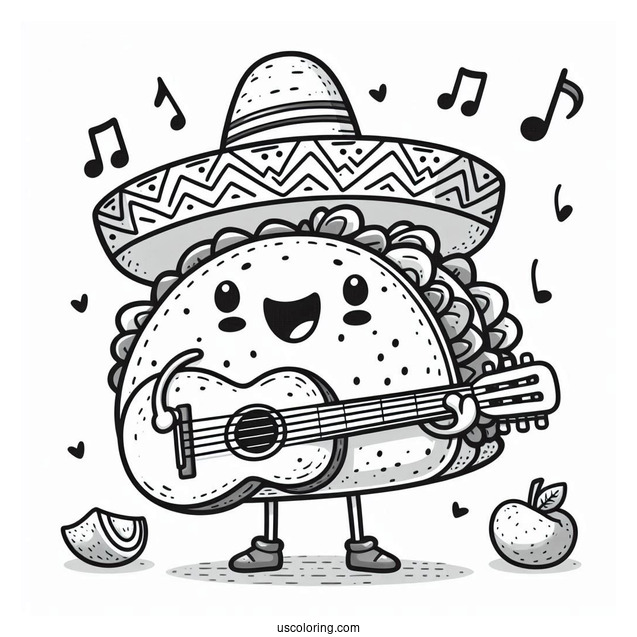 Singing Taco With A Sombrero And A Guitar Coloring Sheet