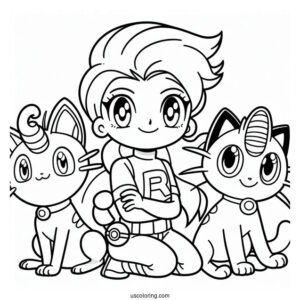 Team Rocket Jessie, James, and Meowth Coloring Page