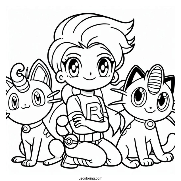 Team Rocket Jessie, James, and Meowth Coloring Page