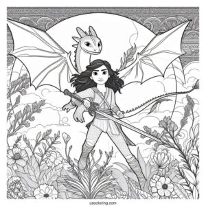 Raya And The Last Dragon Coloring Page Holding Her Sword With Sisu Flying In The Background
