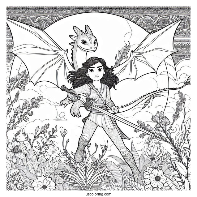 Raya And The Last Dragon Coloring Page Holding Her Sword With Sisu Flying In The Background