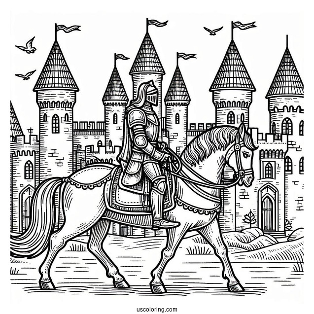 Knight On A Horse Riding To A Castle Coloring Page