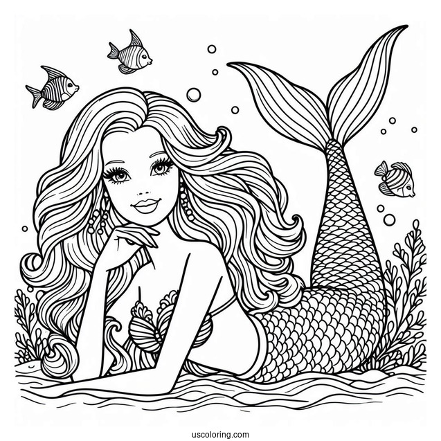 Mermaid Barbie In Ocean Coloring Sheet