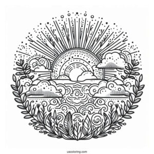Intricate Sun With Clouds And Vegetation Coloring Page