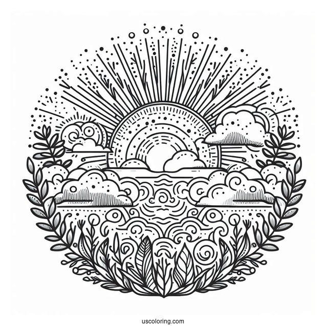 Intricate Sun With Clouds And Vegetation Coloring Page