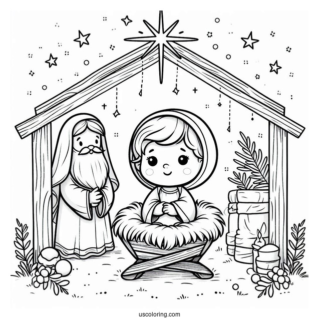 Nativity Coloring Page Of Cute Baby Jesus In The Manger