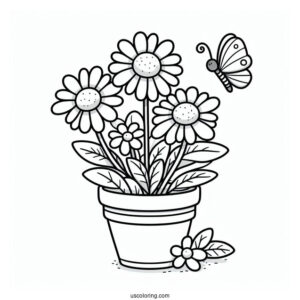 Flower Coloring Pages Of Daisies In Cartoon Pot With Butterfly