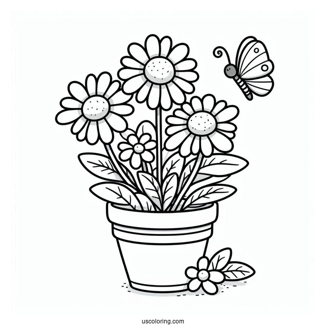 Flower Coloring Pages Of Daisies In Cartoon Pot With Butterfly