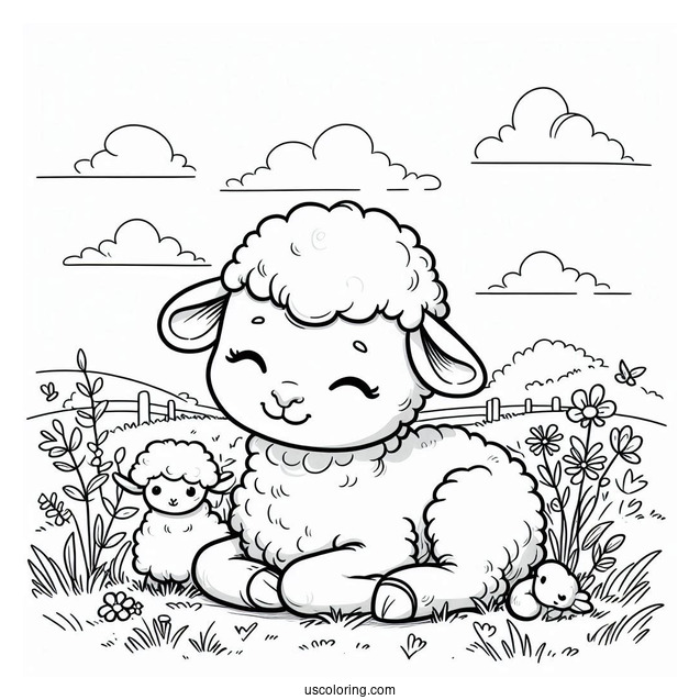 Happy Baby Lamb Sitting In Field Coloring