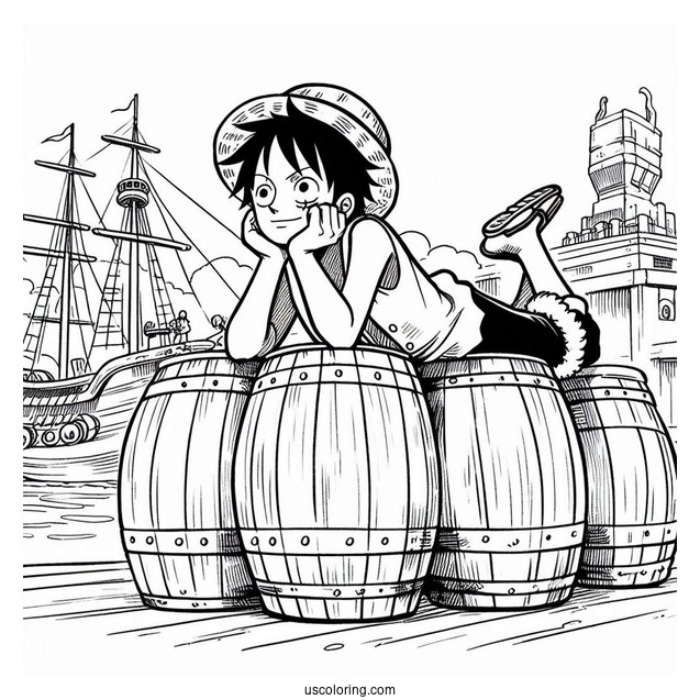 Luffy Coloring Page Leaning On Barrels On Port