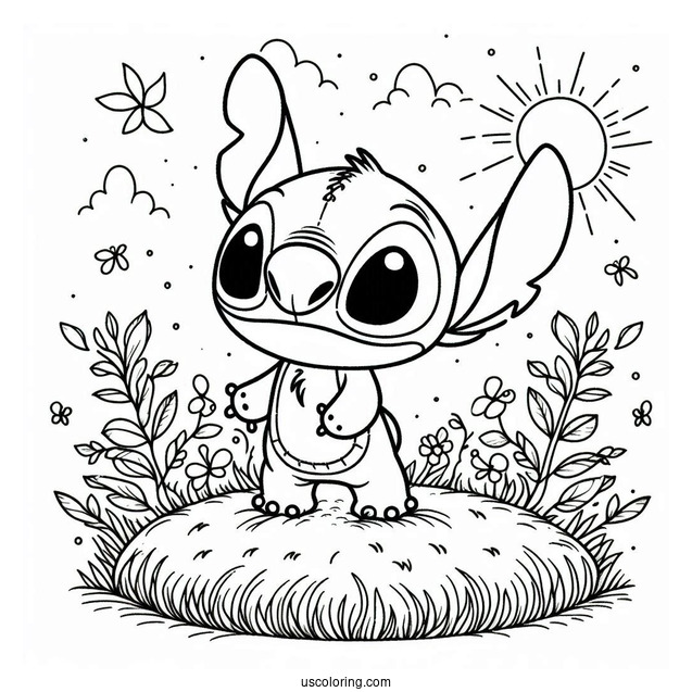 Stitch Standing Under The Sun Coloring Page For Kids