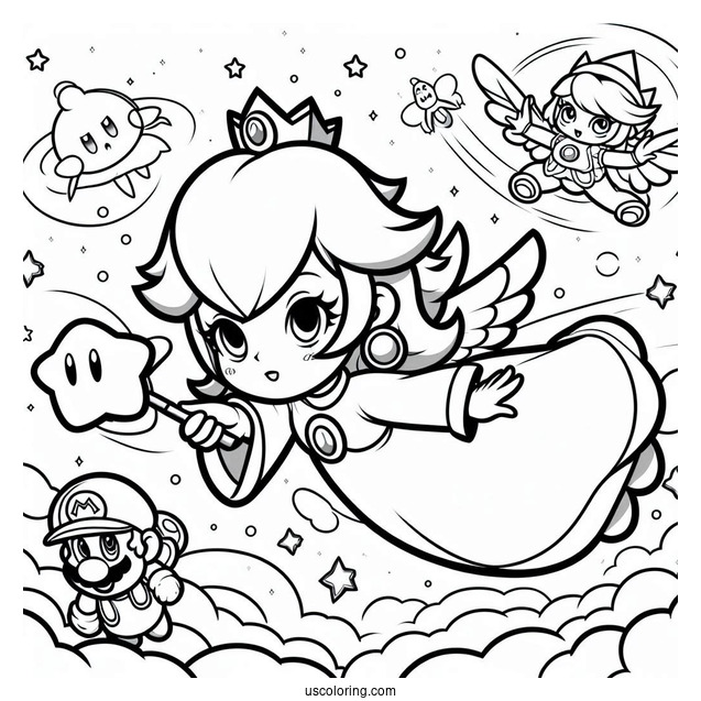 Rosalina Flying In The Sky With Luma, Mario, And Star Fox Coloring Sheet