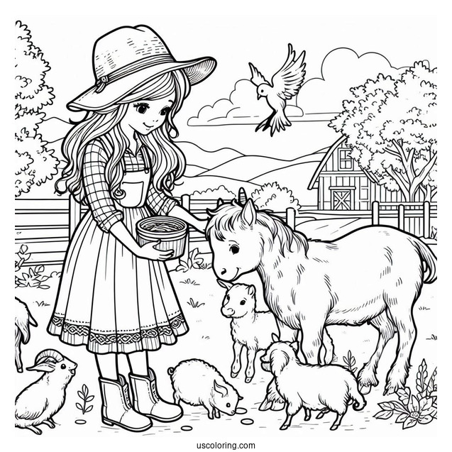 Farmer Wife Feeding Animals To Color