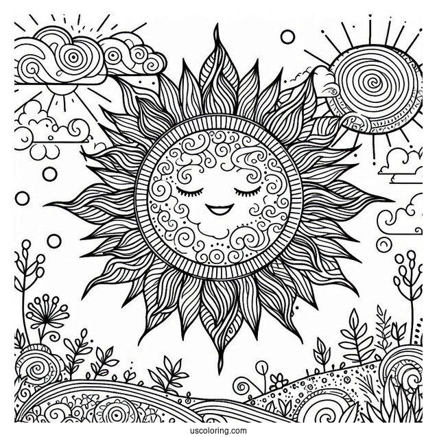 Intricate Sun With Clouds And Vegetation Coloring Page