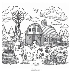 Farm With Horses And Cows To Color