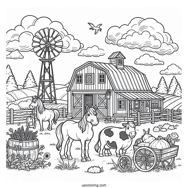 Farm With Horses And Cows To Color