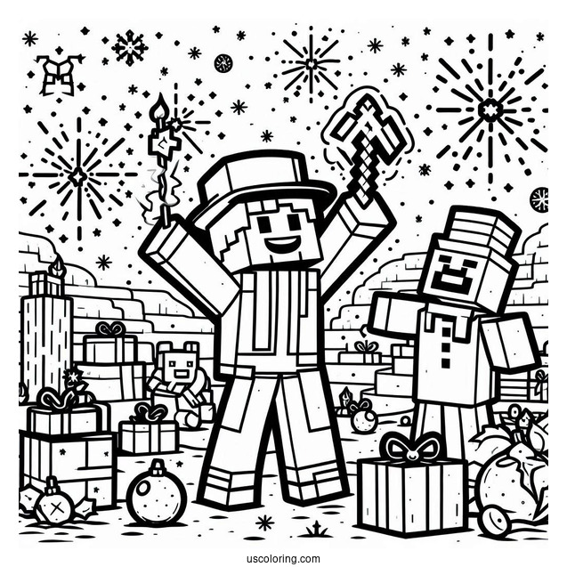 New Year Coloring Page Of Minecraft Steve Celebrating For Kids
