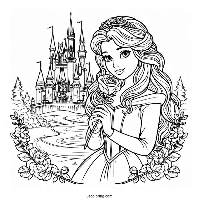 Princess Coloring Page Of Aurora Holding Rose Outside Castle