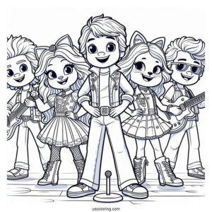 Sing Coloring Page Of Clay, Rosita, Johnny, Meena, Ash, And Friends In Rock N Roll Costumes