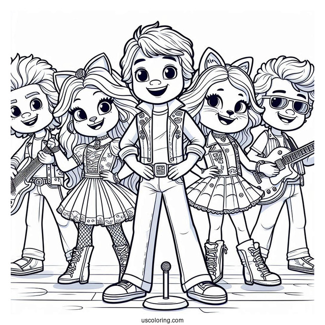 Sing Coloring Page Of Clay, Rosita, Johnny, Meena, Ash, And Friends In Rock N Roll Costumes