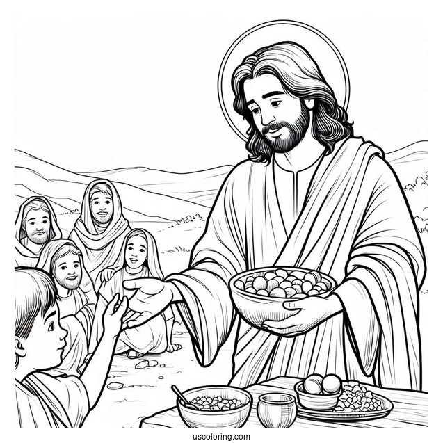 Jesus Coloring Page Distributing Food To His Followers