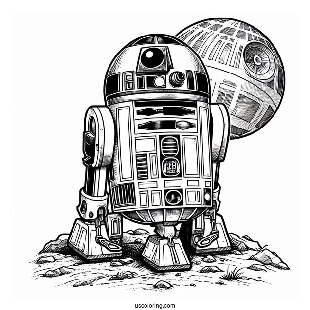 R2-D2 Coloring Page With Wall E On The Moon For Kids