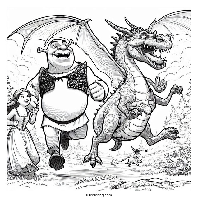 Shrek, Fiona And Donkey Running From Dragon