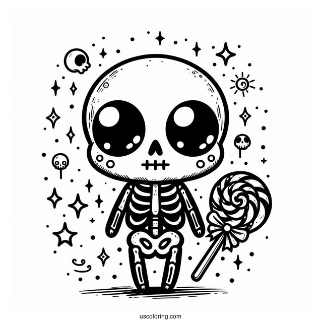 Spooky Chibi Skeleton Coloring Page In Halloween