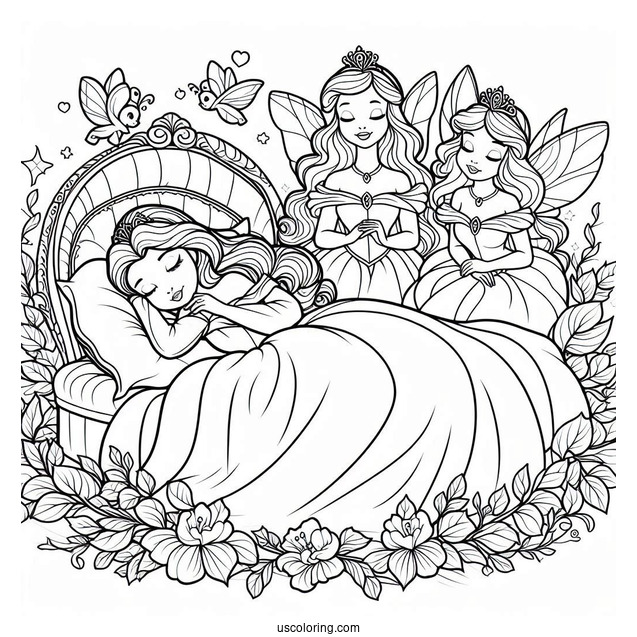 Sleeping Beauty With The Three Fairies Coloring Page