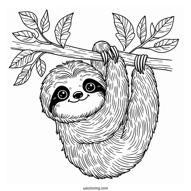 Smiling Sloth Hanging From Tree Branch To Color