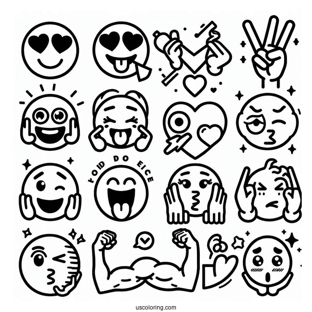 Peace Sign, Winking With Tongue, Heart Eyes, Heart, Raising Hands, Party Popper, Loudly Crying, Hundred Points, Folded Hands, Blow a Kiss, Flexed Biceps, Dizzy Face Emoji Coloring Page