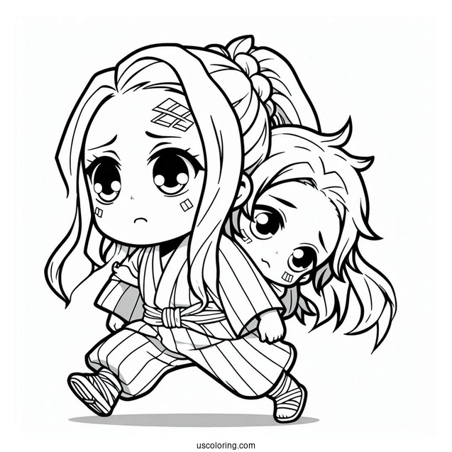 Chibi Tanjiro Coloring Page Carrying Nezuko On His Back For Preschoolers