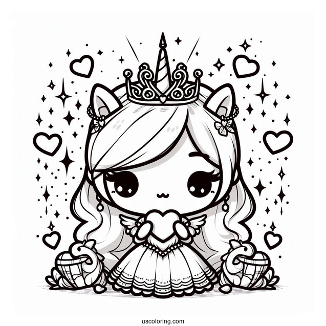 Chibi Unicorn Princess With Love Hearts And Sparkles Coloring Page